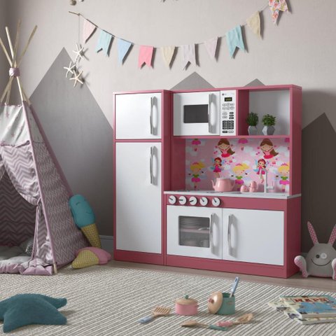 Cozinha Infantil Completa C/ Microondas Forno Fogão e Refrigerador Helena Branco e Rosa