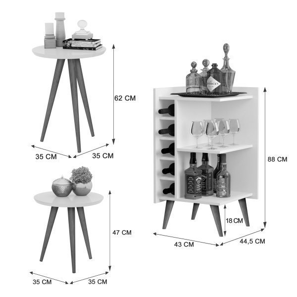 Conjunto Sala Retrô Pés Palito Adega Malbec - Com Kit Duplo Maju - Off White Com Freijó - 2