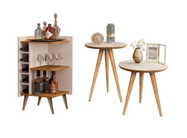 Conjunto Sala Retrô Pés Palito Adega Malbec - Com Kit Duplo Maju - Off White Com Freijó - 1