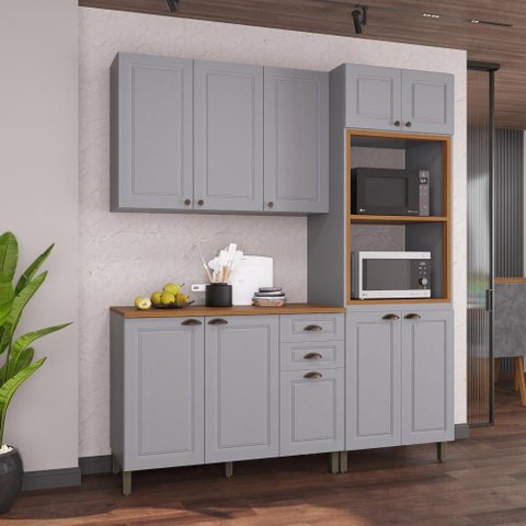 Armário de Cozinha Modulada Compacta Fidelitá Nara 100% MDF 3 Peças 190cm 10 Portas 2 Gavetas com