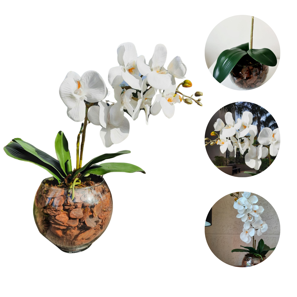 Arranjo de Orquídea Artificial Branca 60cm com Vaso de Vidro