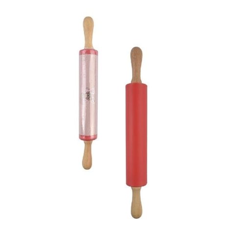 Rolo Culinário de Silicone Vermelho para Massas com Cabo de Madeira