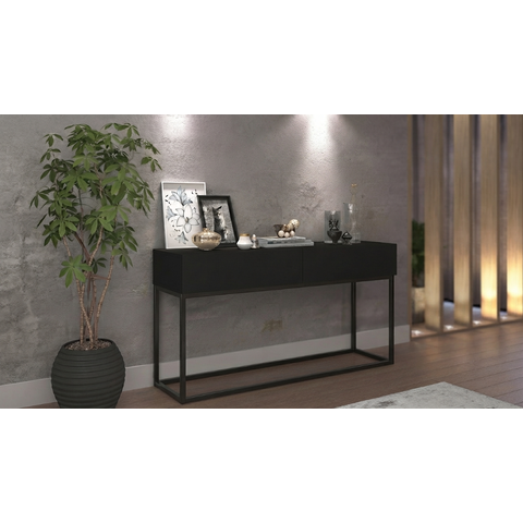 Aparador Buffet Pequeno Eros 90cm Preto Estilo Retro com Gavetas Pés de Ferro Decoração Moderna