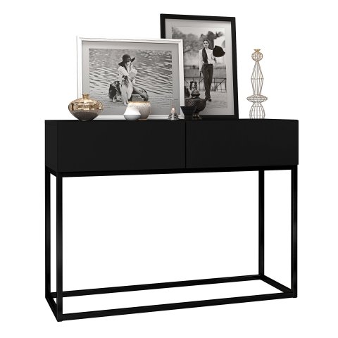 Aparador Buffet Pequeno Eros 90cm Preto Estilo Retro com Gavetas Pés de Ferro Decoração Moderna