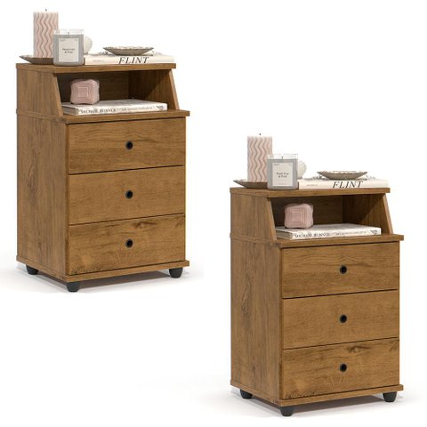 Conjunto de 2 Mesa de Cabeceira Luxo New com 3 Gavetas Freijo