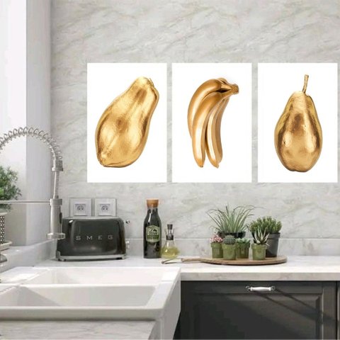 Kit 3 Quadros Cozinha Frutas Douradas 24x18cm - com Vidro:moldura Branca