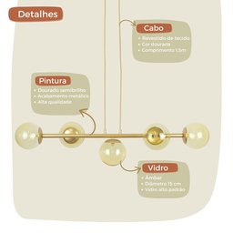 Pendente Jabuticaba Dourado 5 Globos de Vidro Mesa de Jantar:âmbar - 3