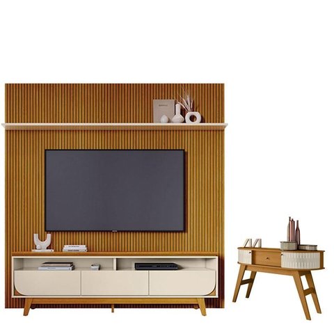Estante Home Theater com Bancada Suspensa Luna com Aparador Estoril Cinamomo Off White - Madetec