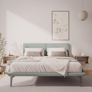 Base Box Cama Japonesa Toquio Casal com Cabeceira Almofada Linho Cinza - Cor: Cinza