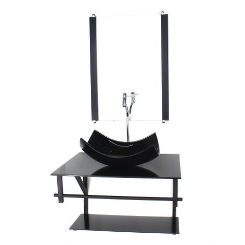 GABINETE DE VIDRO PARA BANHEIRO 60CM AP CUBA RETANGULAR CURVADA PRETO FULL COM TORNEIRA CROMADA