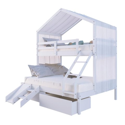 Beliche Casal/ Solteiro Casinha com Cortina Gavetas e Kit Escada/Escorregador Madeira Maciça Branco