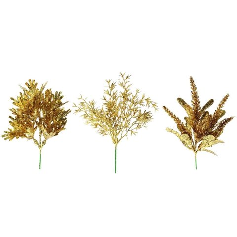 Kit 3 Galhos de Natal Pick Folhagem Glitter Dourada Full 25cm - Magizi