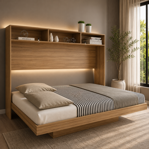 Cama de Casal Articulada com Nichos e Prateleiras CM8043 Amêndoa - Tecnomobili