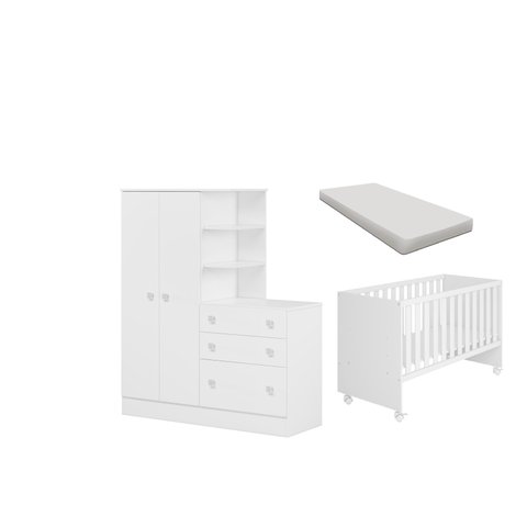 Quarto Bebê Guarda Roupa 2 Porta 3 Gavetas Berço e Colchão Espuma D-18 Branco Móveis Leartam