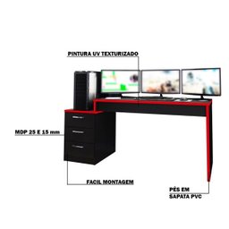 Mesa Gamer Playerxtreme Pro Preto Texturizado/Vermelho - Gran Belo - 3