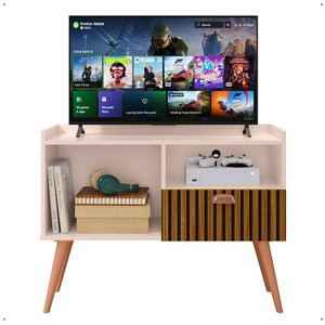 Rack Tv 32" Home Estante Sala Estar Recepção 1 Porta 2 Nichos Pés Retrô Decoração Moderna -