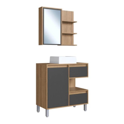 Gabinete 80cm Paula Mel Grafite Espelheira Porta Cuba Branca em Mármore Sintético de Banheiro