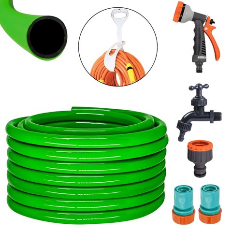 Mangueira 20m Metros + Suporte Alça + Hidropistola + Engate Rapido + Bico Engate Rápido + Torneira