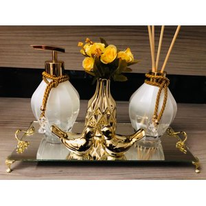 Kit Lavabo Dourado Branco 6 Peças Difusor Sabonete Bandeja