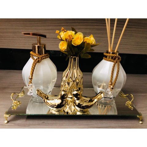 Kit Lavabo Dourado Branco 6 Peças Difusor Sabonete Bandeja