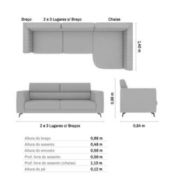 Sofá Aurora Estilo Moderno 3 Lug 2,65 com Chaise Pés em Aço - 8