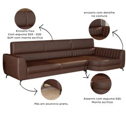 Sofá Aurora Estilo Moderno 3 Lug 2,65 com Chaise Pés em Aço - 3