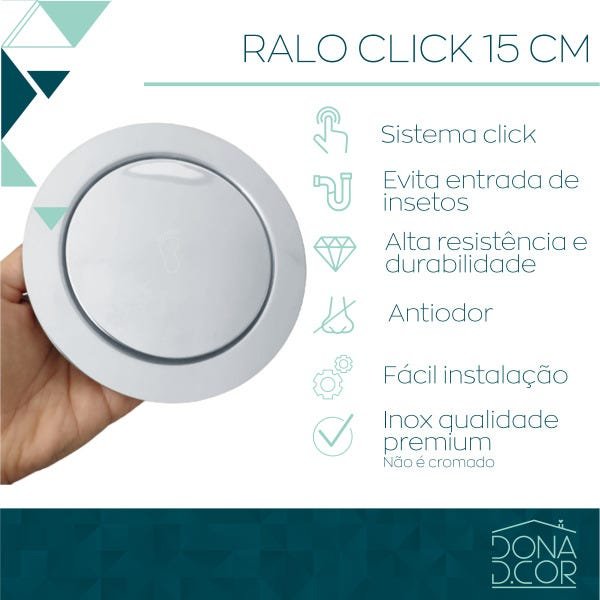 Ralo Redondo 15 cm Inox Tampa click Inteligente Banheiro lavabo lavanderia alto padrão - 5
