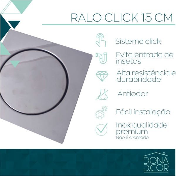 Ralo Click 15x15 Inox Ralo Inteligente Quadrado para Banheiro Lavabo Lavanderia Alto Padrão - 4
