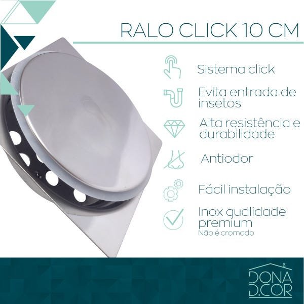Ralo Click 10x10 Inox Ralo Inteligente Quadrado Para Banheiro lavabo lavanderia Alto Padrão - 6