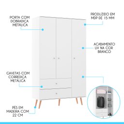 Guarda-roupa Retrô 120 X 206 Cm 3 Portas 2 Gavetas Mdp Branco 9023 Menu - 2