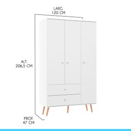 Guarda-roupa Retrô 120 X 206 Cm 3 Portas 2 Gavetas Mdp Branco 9023 Menu - 3