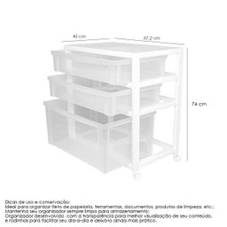 Gaveteiro Organizador Largo 3 Gavetas com Rodinhas Branco - 2