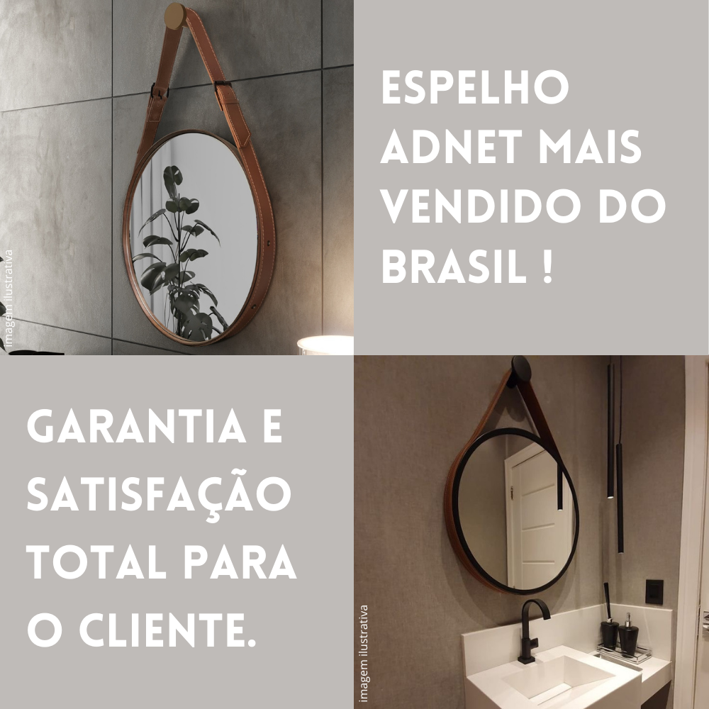 Espelho Decorativo Escritório Alça Em Couro 60cm + Suporte:Café - 4