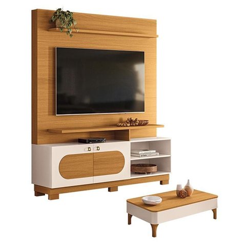 Estante Home Theater Axis Cinamomo Off White com Mesa de Centro Liz Off White Cinamomo - Hb Móveis
