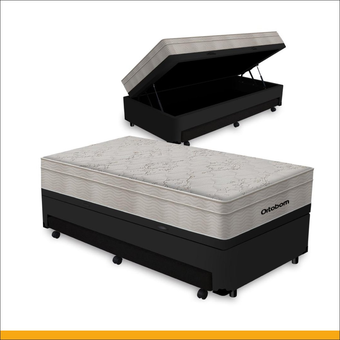 Cama Box Baú e Auxiliar Solteiro + Colchão de Molas Ensacadas Ortobom Airtech Springpocket