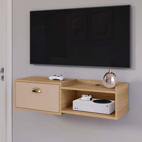 Rack Suspenso Home Tv 32" Bancada Flutuante Canadá 90cm Porta Nicho Eletrônico Sala Quarto Pequeno