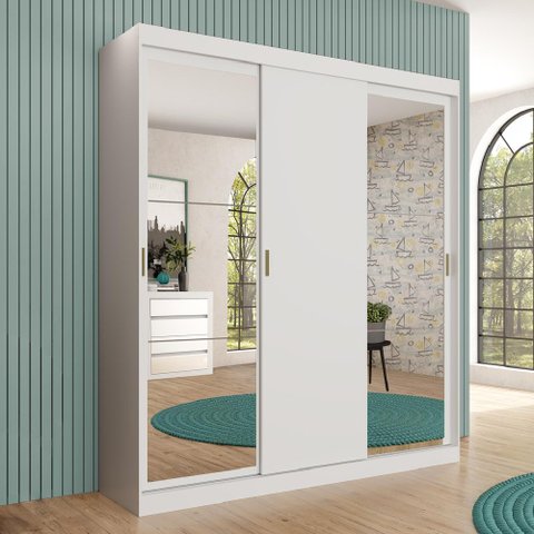 Guarda-roupa Solteiro Marvin 3 Portas de Correr com Espelhos 4 Gavetas Branco Carraro