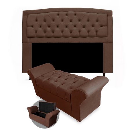 Kit Cabeceira Geovana + Calçadeira Baú Veneza King Size 195cm Suede - Renascer Decor:Marrom