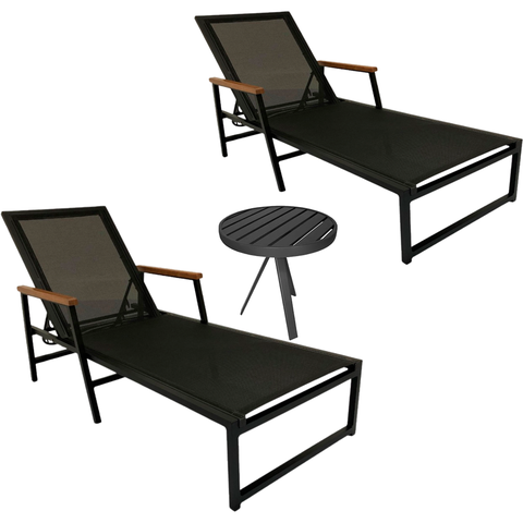 Espreguiçadeiras Alumínio e Tela Sling Amélia Braços de Madeira + Mesa Lateral Ripada - Preto