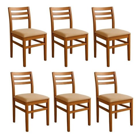 Kit 6 Cadeiras para Sala de Jantar Madeira Maciça Estofada D28 Encosto Anatômico Mel/Bege