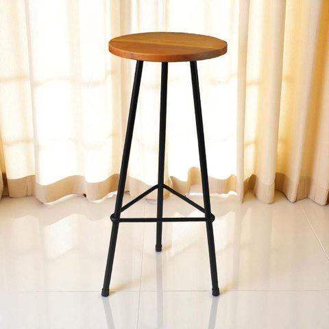 Banqueta Retro Alta Ferro Industrial Assento Peroba 70cm Peroba