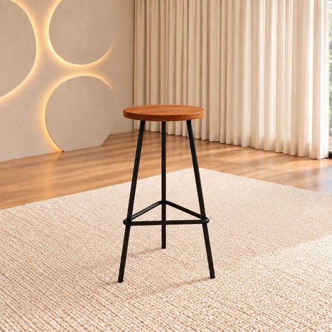 Banqueta Retro Alta Ferro Industrial Assento Peroba 70cm Peroba