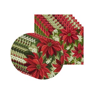 Kit Sousplat + Guardanapo Natal Fundo Flor2 - 6 Peças - com Base