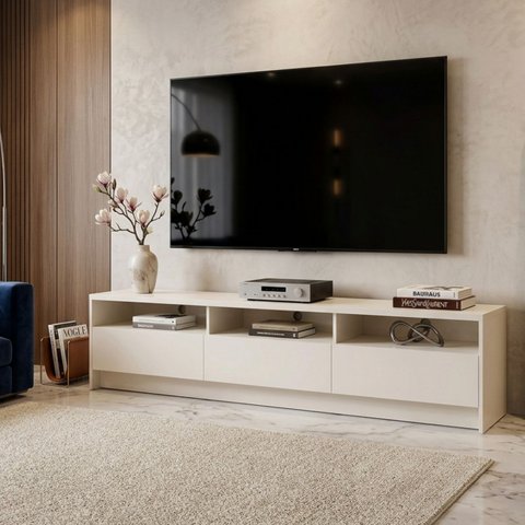Rack Domo de Luxo para Sala TV Ate 70 Polegadas Moderna Compacta 3 Gavetas 3 Nichos - Off White