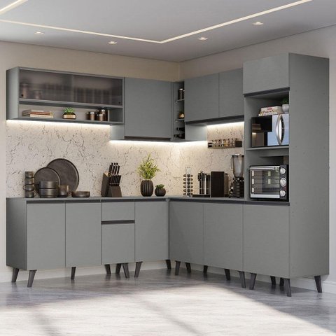 Armário De Cozinha Completa 445cm Cinza Nice 02 Cinza