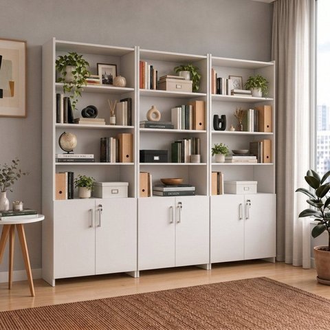 Kit 3 Armários para Escritório Semi-Aberto 2 Portas com Chave Branco