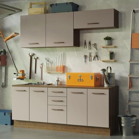 Kit com 2 Balcões e 2 Armários Aéreos Multiuso 200cm Rustic/crema Agata Madesa Rustic/crema