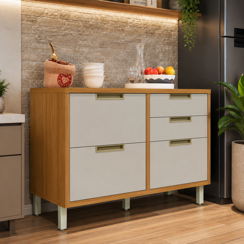 Balcão Modular de Cozinha 120cm com Porta Temperos e Talheres Freijó/Off White - Nesher