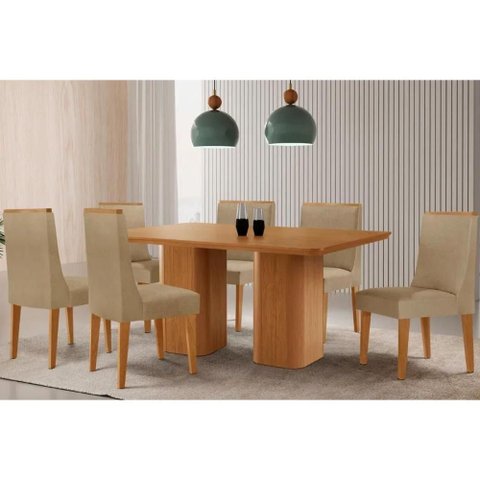 Sala Jantar Mesa Maldivas Tampo Curvo 180cm+6 Cadeiras Dakota Madeira Naturale - Capuccino/linho