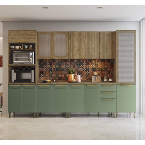 Armário de Cozinha Modulada Completa Reta 12 Peças 3,20m Botanic Kappesberg - Nogueira/verde Oliva